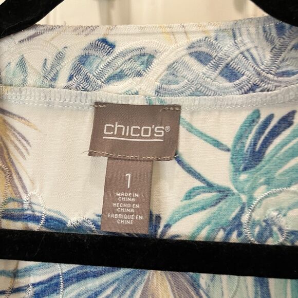 Chicos Size 1 Floral Tropical Palm Leaf Open Front Waterfall Cardigan Kimono M - Picture 6 of 11